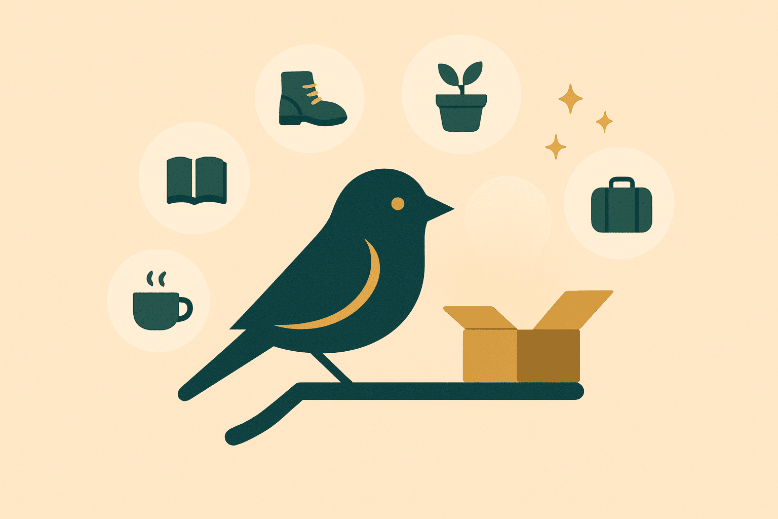 Illustration of the GiftPerch bird and a gift box surrounded by abstract icons representing different hobbies, symbolizing AI-powered gift ideas.