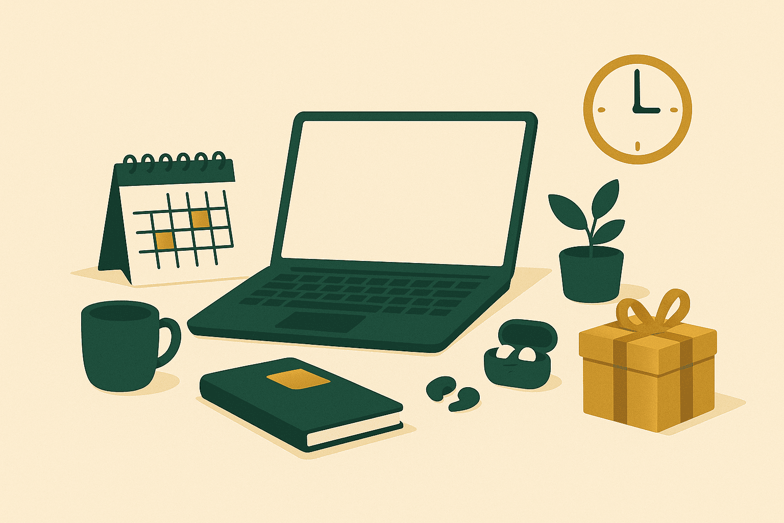 Illustration of a laptop, calendar, coffee cup, and gift box on a tidy desk, representing thoughtful gifts for busy professionals.