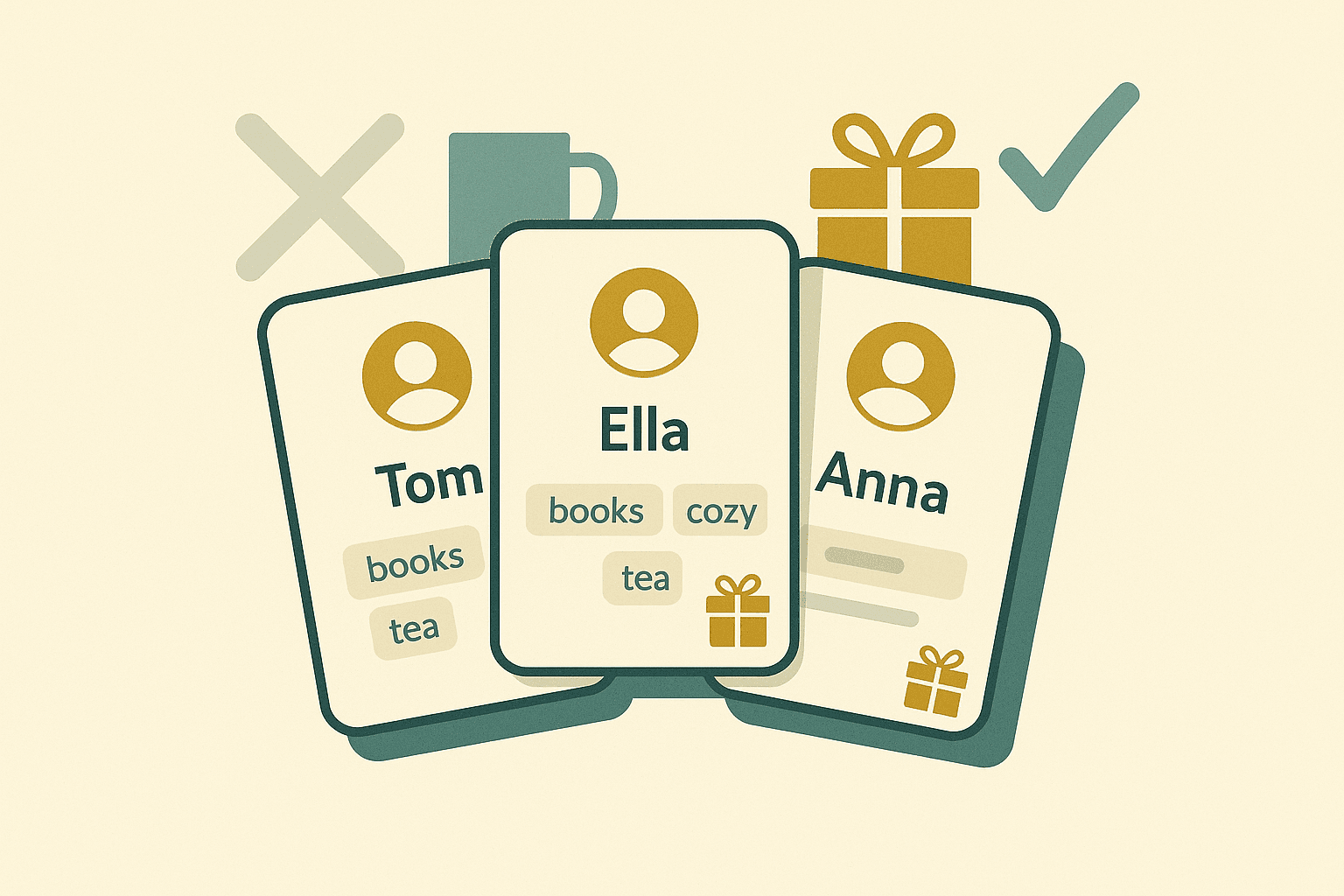 Stylized cards with profile avatars, tags, and gift icons arranged like a simple CRM board, representing GiftPerch recipient profiles.